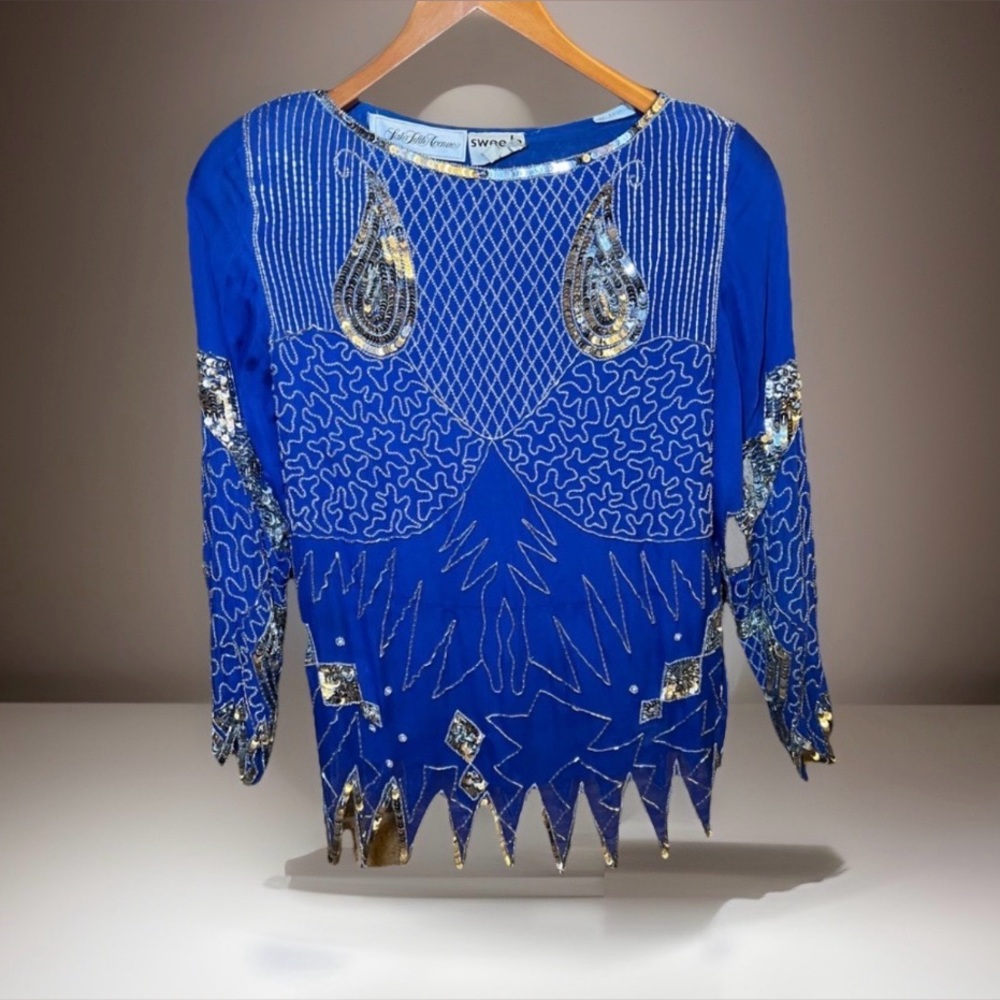 Swee Lo Vintage 100% Silk Sequin Beaded Blue Top Size Small Saks Fifth Avenue